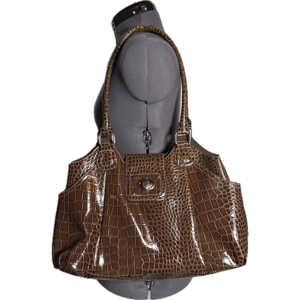 Vtg Y2K Brown Croc Embossed PVC Patent Shoulder Bag Minimalist Glossy Tote